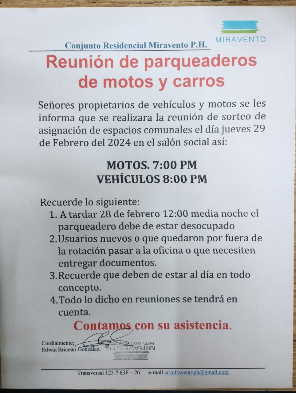 Reunión de parqueaderos de motos y carros (29 de Febrero del 2024)