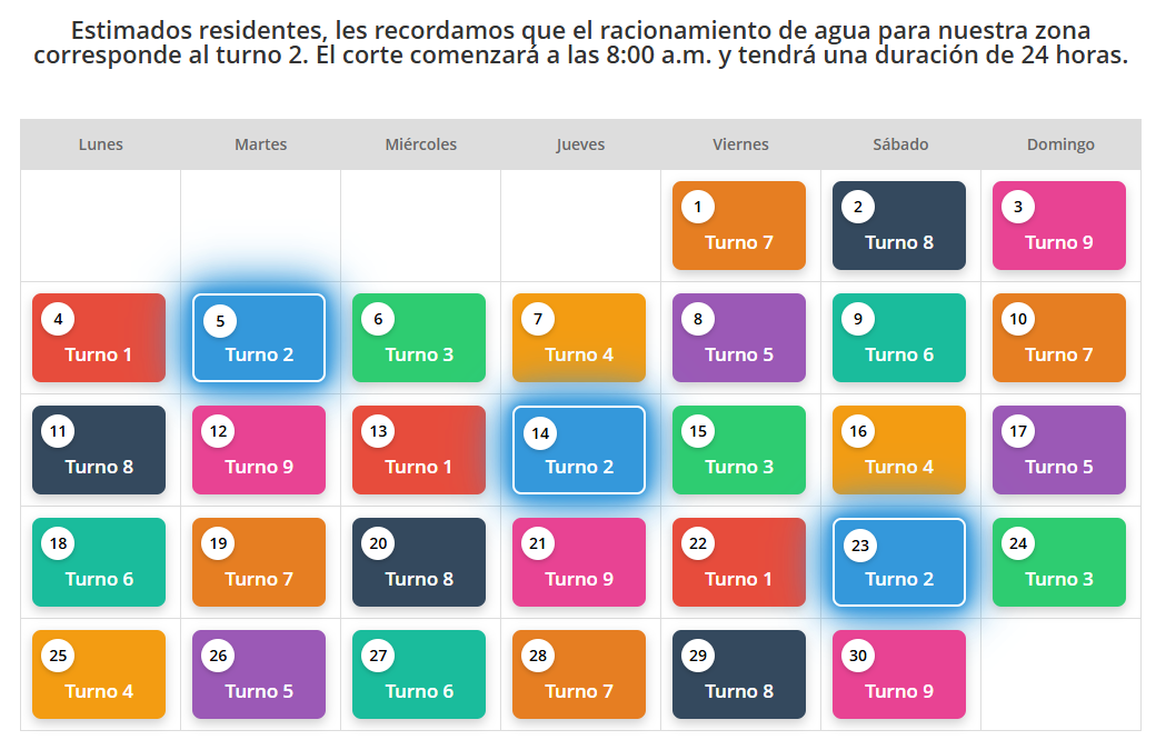 Calendario de Racionamiento de Agua – Noviembre 2024